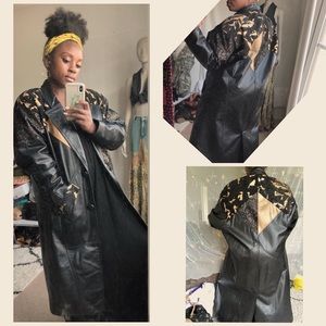 Vintage black and gold long leather coat